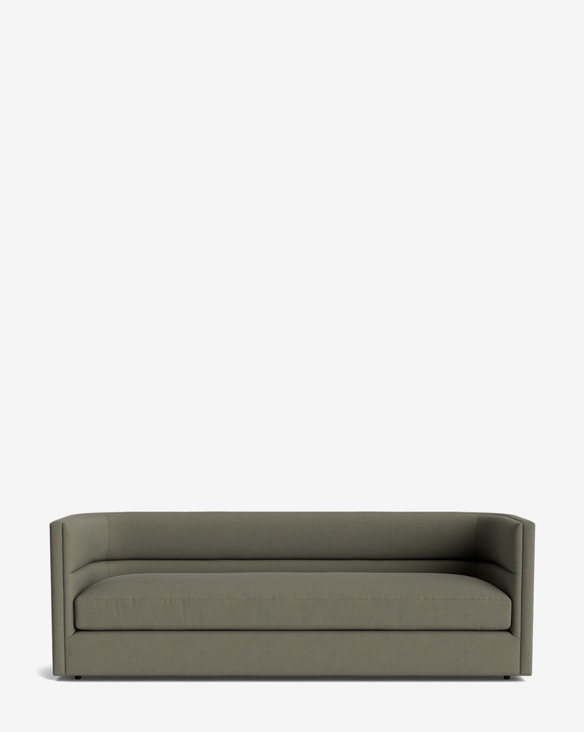 The Claremont Sofa 84 features a modern, minimalist design in olive green with straight lines, a low backrest, and armrests of equal height, crafted from high-quality fabric and shown against a plain white background by McGee & Co.