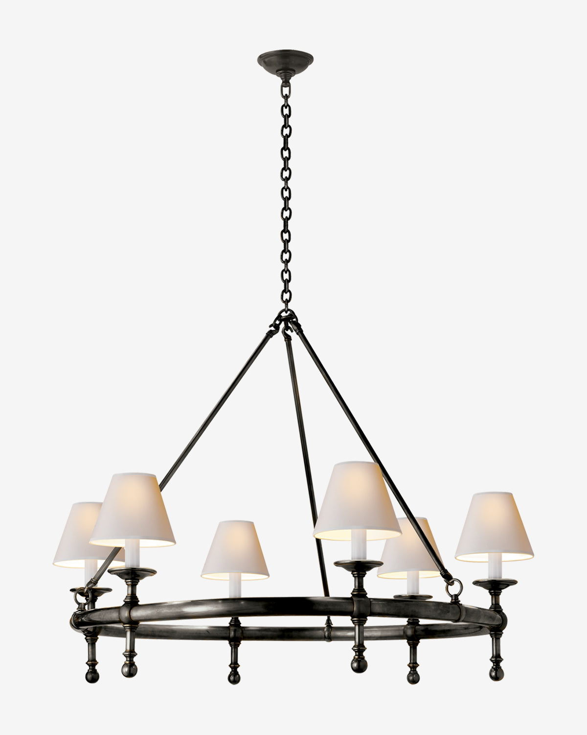 Certainly! Here is your blended sentence: The Visual Comfort & Co. Signature Classic Ring Chandelier showcases a black metal circular frame with six arms and linen shades, suspended by a chain against a white background, McGee & Co.