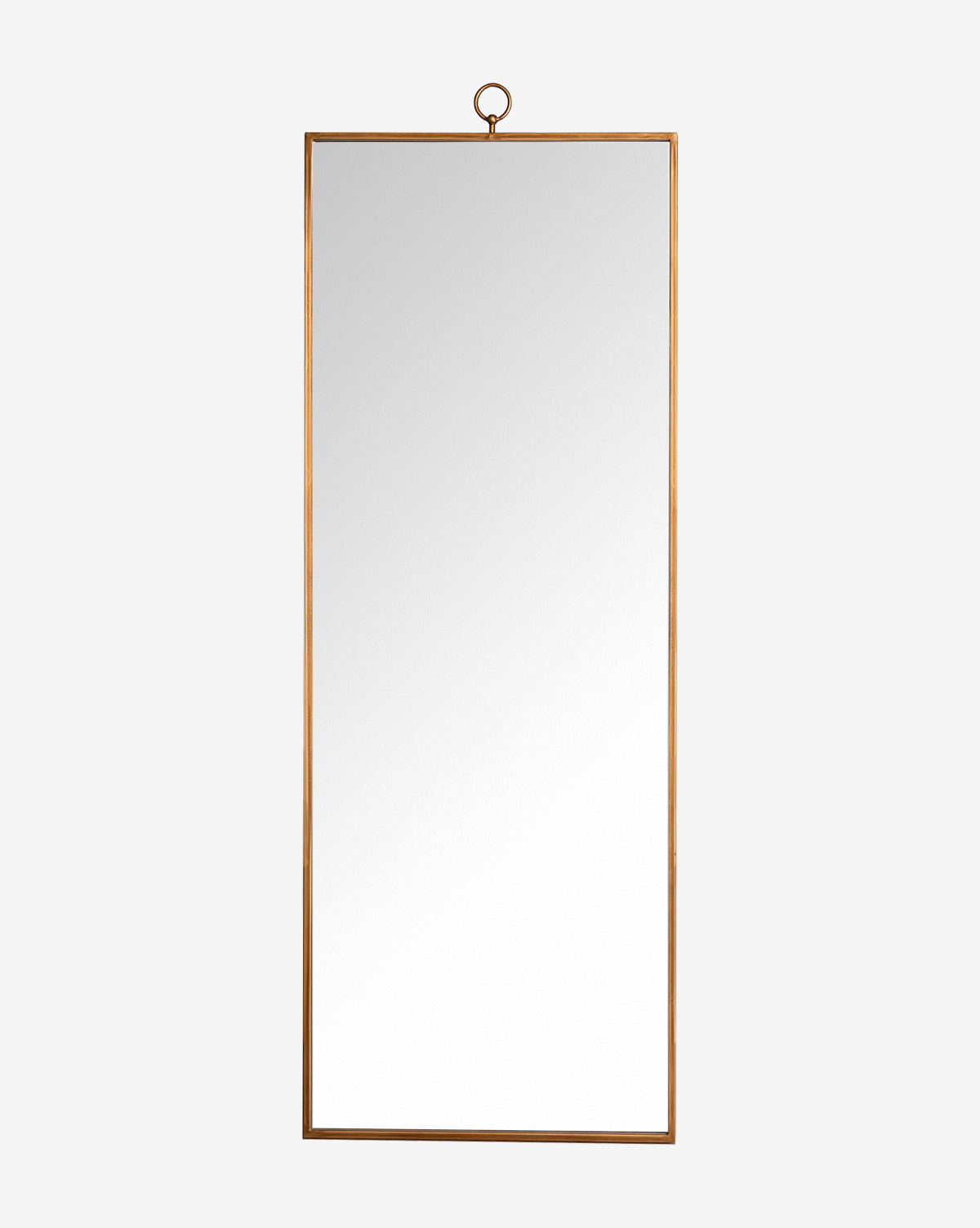 The Cleda Floor Mirror features a thin antique gold rectangular frame with a small circular top loop. Set against a plain white background, this classic design brings a timeless touch to any space, by McGee & Co.
