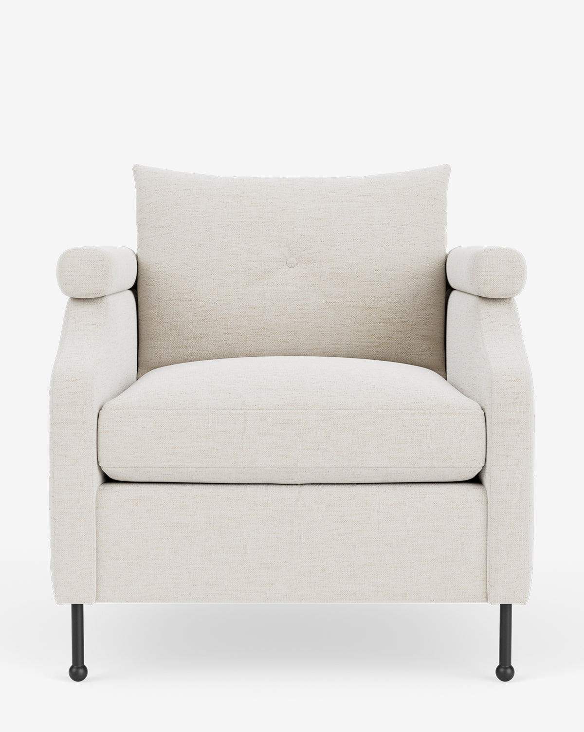 The Clegg Lounge Chair is a modern beige seat with vintage-inspired cotton velvet upholstery, a boxy silhouette, cushioned seat, backrest, and armrests on black slender legs set against a plain white background by McGee & Co.