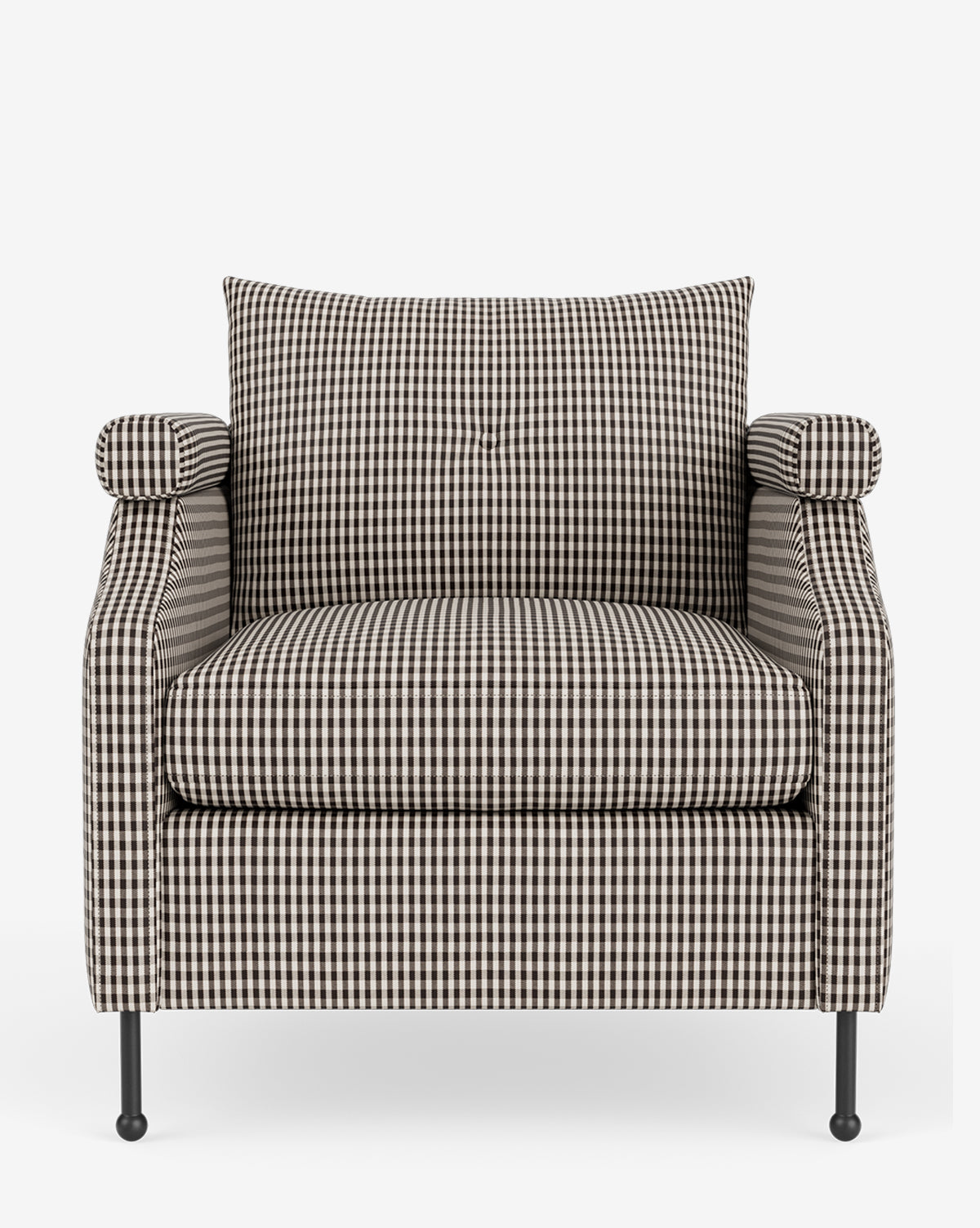 The Clegg Lounge Chair features a black and white plaid check pattern, vintage-inspired cotton velvet upholstery, cushioned backrest, armrests, and slim black legs, all set against a plain white background by McGee & Co.
