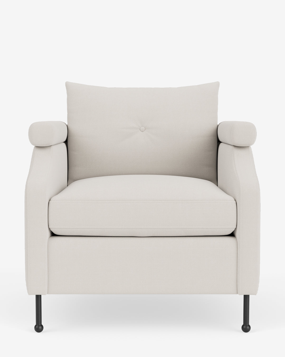 The Clegg Lounge Chair features light beige cotton velvet upholstery, cushioned seat, backrest and armrests, slender black legs, and a single button tuft on the back cushion for a vintage-inspired look against a plain white background, by McGee & Co.