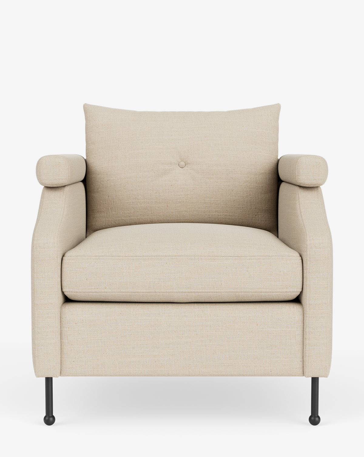 Front view of the Clegg Lounge Chair with vintage-inspired design, beige cotton velvet upholstery, cushioned seat, pillow-style backrest, rolled armrests, and slim black legs shown against a white background by McGee & Co.