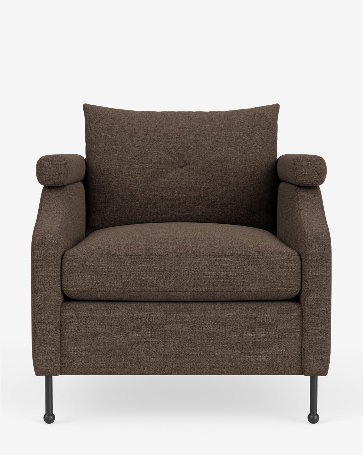 The Clegg Lounge Chair showcases vintage flair with modern dark brown cotton velvet upholstery, a boxy silhouette, pillow-style backrest, rounded armrests, and slim black metal legs—all set against a plain white background by McGee & Co.