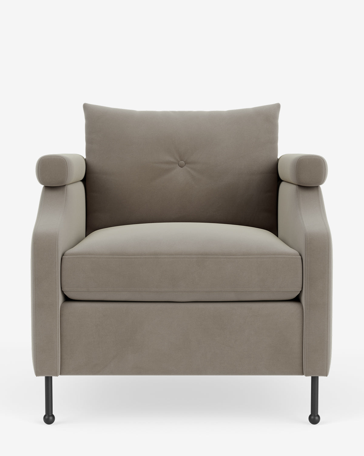The Clegg Lounge Chair features light brown cotton velvet upholstery, straight armrests, and slim black metal legs. Its modern design with vintage-inspired classic shaping is shown from the front against a plain white background, by McGee & Co.