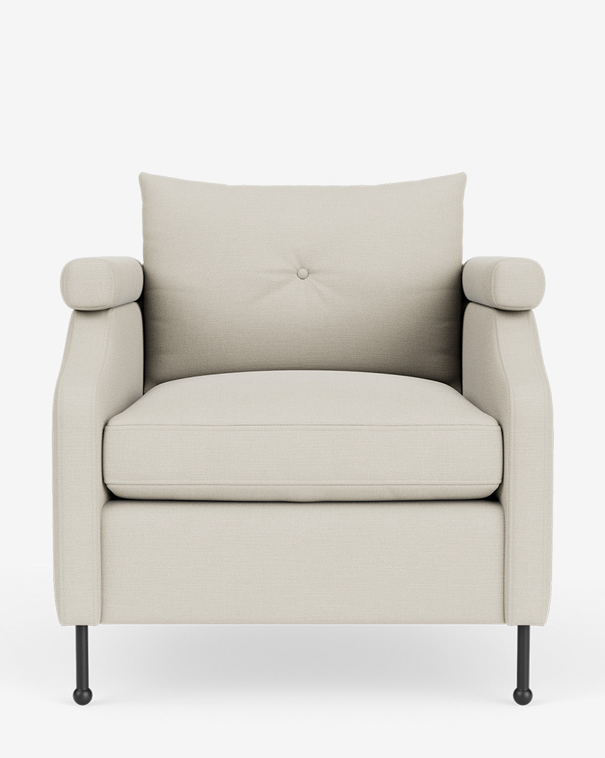 The Clegg Lounge Chair features a modern beige design with a single back cushion, rounded armrests, and four slim black legs in soft cotton velvet upholstery, highlighted against a plain white background by McGee & Co.