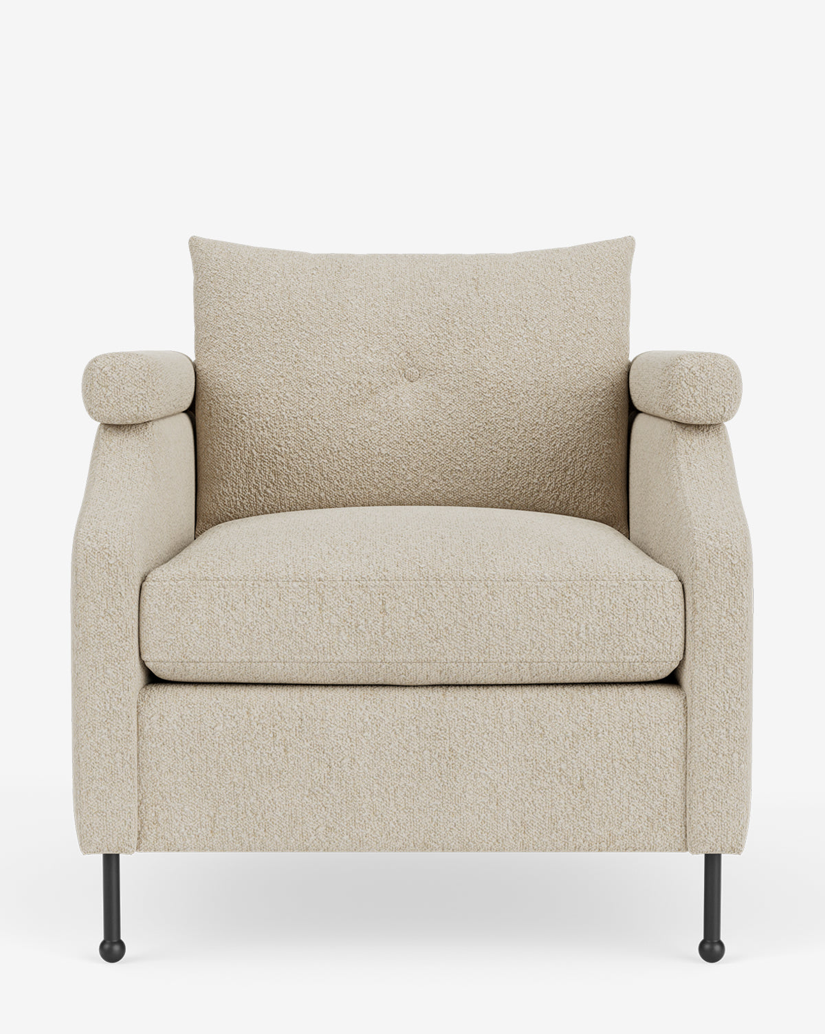 The Clegg Lounge Chair, shown from the front on a white background, features vintage-inspired beige cotton velvet upholstery, a wide seat cushion, plush backrest, rounded armrests, and black metal legs by McGee & Co.