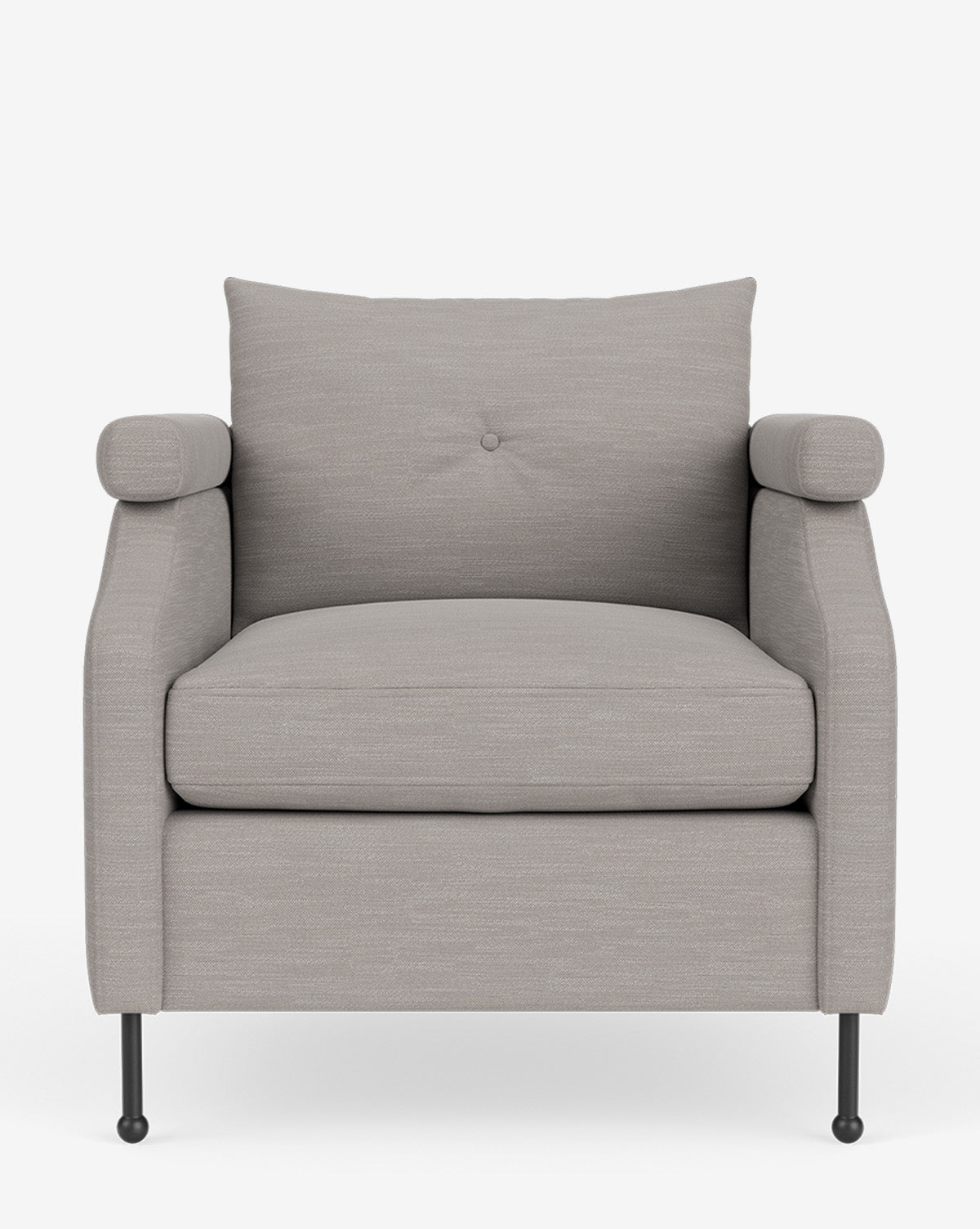 Front view of the Clegg Lounge Chair, a modern armchair in light gray upholstery with vintage-inspired design, rounded arms, single seat cushion, tufted back cushion, and slim black legs shown against a white background, by McGee & Co.