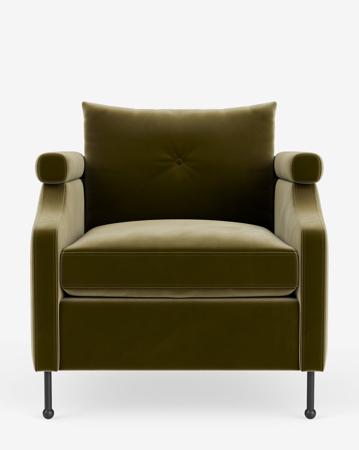 The Clegg Lounge Chair features modern olive green cotton velvet upholstery, a wide seat, cylindrical armrests, cushioned backrest, and slim black metal legs, all showcased against a plain white background by McGee & Co.