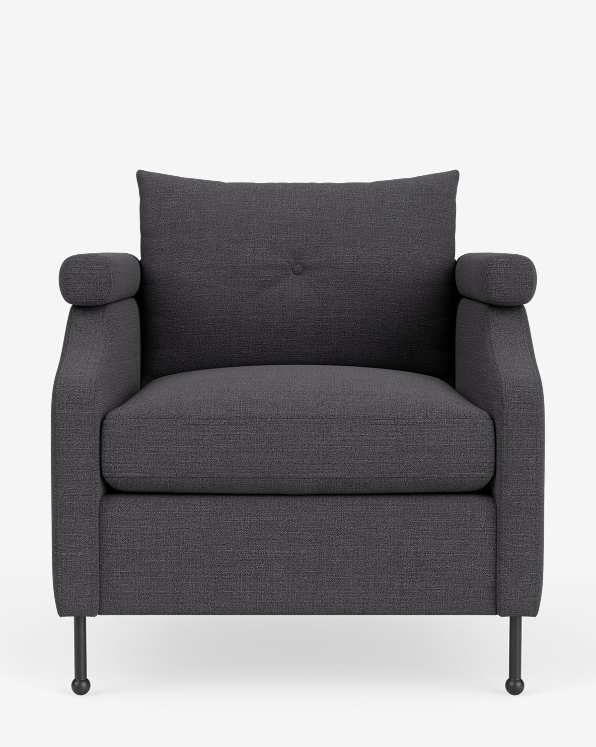 The Clegg Lounge Chair features modern dark gray cotton velvet upholstery, a wide seat, cylindrical armrests, single back cushion, and slim black legs, displayed against a plain white background by McGee & Co.