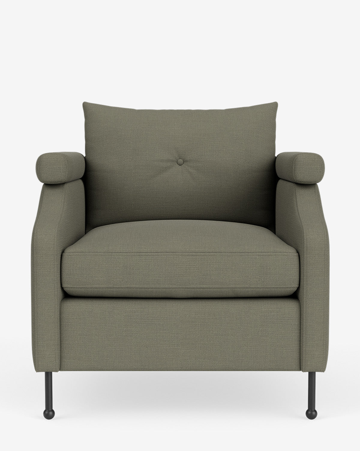 A front view of the Clegg Lounge Chair, a modern olive-green armchair with cotton velvet upholstery, cushioned seat, tufted back, round bolster armrests, and black slender legs against a plain white background by McGee & Co.