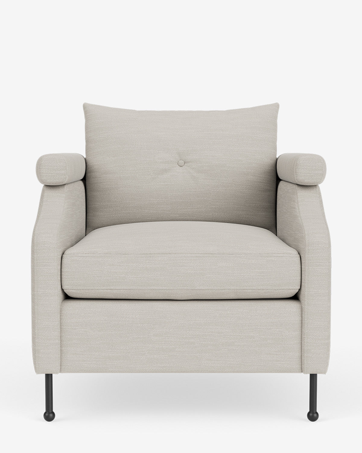 The Clegg Lounge Chair features light beige cotton velvet upholstery, vintage-inspired design with rounded armrests, a button-tufted back cushion, and four black metal legs, shown against a plain white background by McGee & Co.