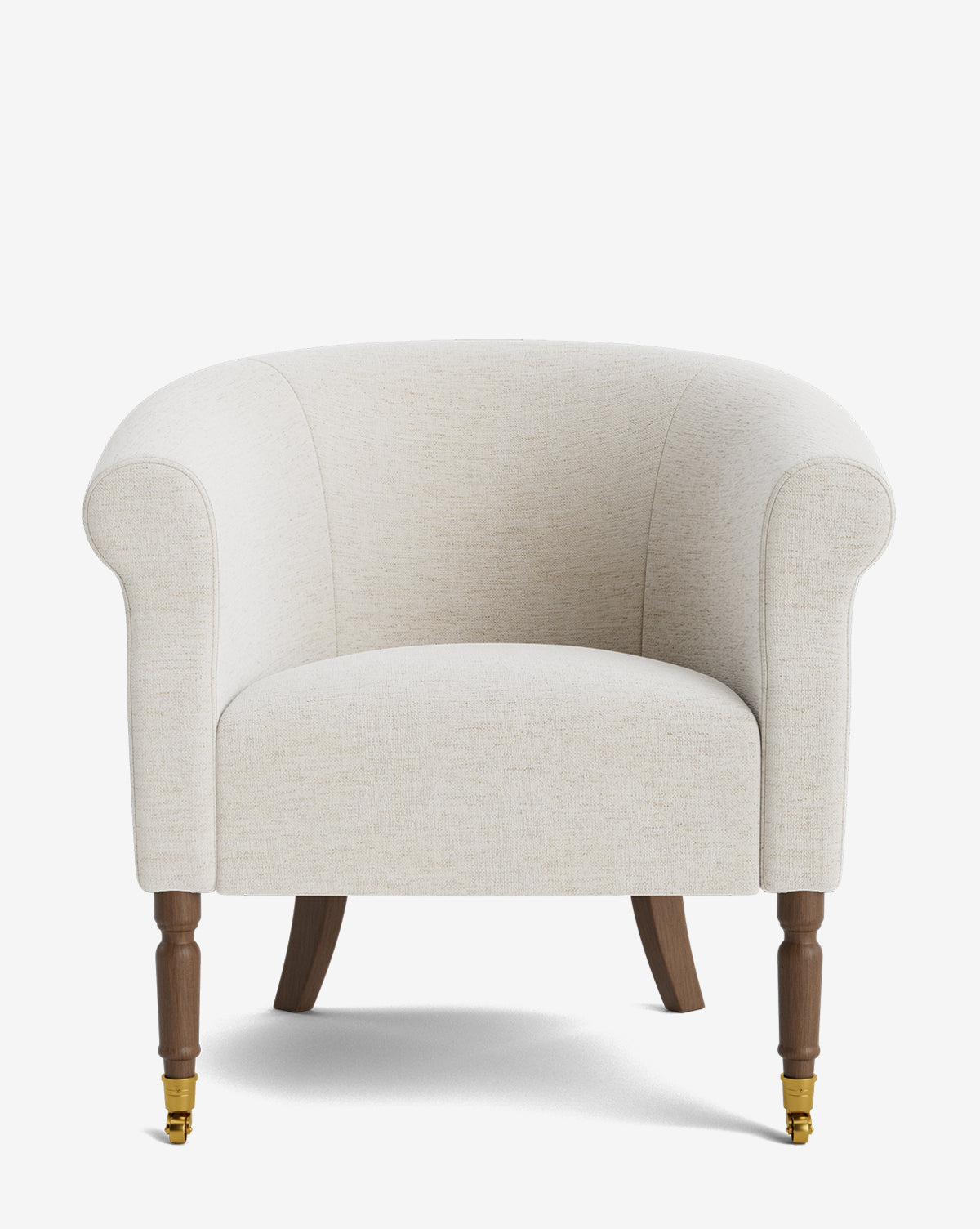 The Clemence Lounge Chair features cream-colored upholstery, rounded arms, wooden legs, and brass caster wheels on the front legs, displayed against a plain white background by McGee & Co.