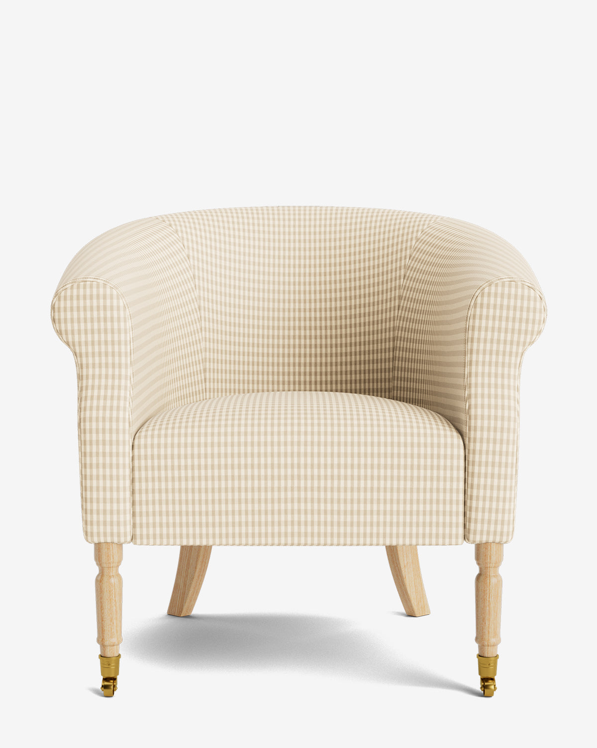 The Clemence Lounge Chair, featuring beige and white checkered upholstery and wooden legs with two brass casters, is shown from the front against a white background—ideal as a classic living room accent, by McGee & Co.