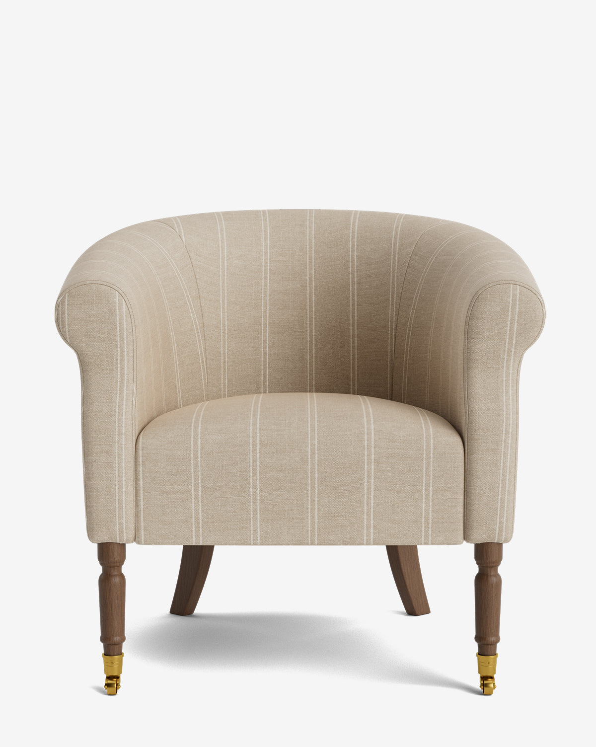 The Clemence Lounge Chair is a beige upholstered lounge chair with subtle vertical white stripes, wooden legs, and small brass caster wheels on the front legs, shown against a white background by McGee & Co.