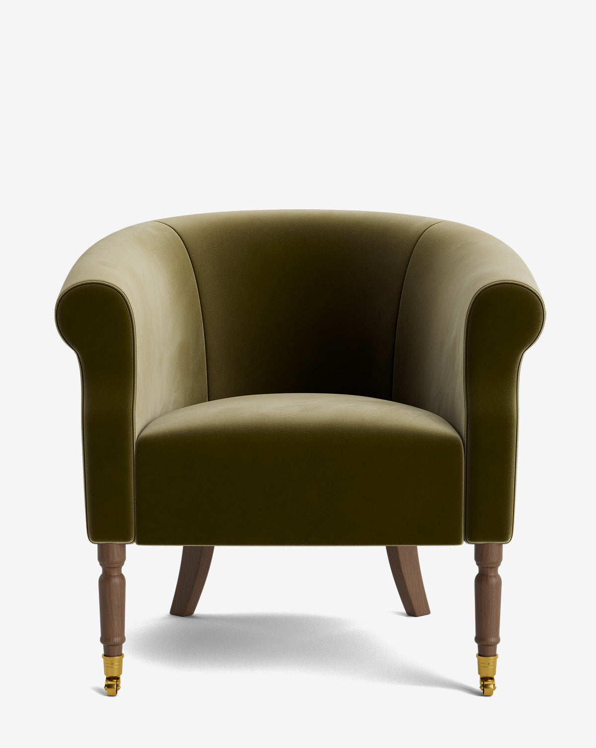 The Clemence Lounge Chair features green velvet upholstery, curved armrests, wooden legs, and front brass casters—ideal as a classic living room accent. Shown against a plain white background by McGee & Co.