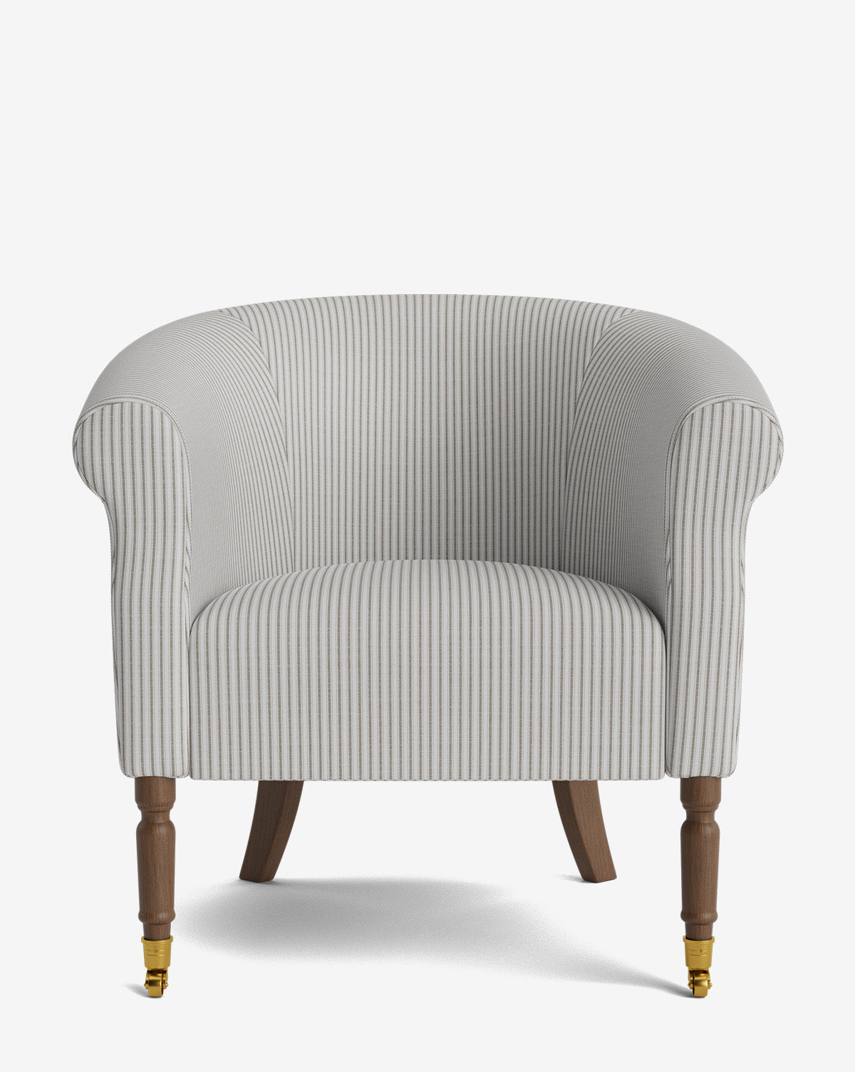 The Clemence Lounge Chair features striped designer fabric upholstery, rounded arms, a curved back, and wooden legs with brass caster wheels on the front two legs, by McGee & Co.