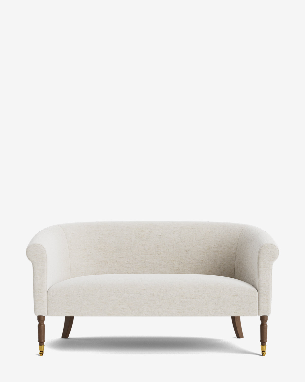 The Clemence Settee 60 features cream-colored designer fabric, rolled arms, wooden legs, and small brass front casters—an elegant accent to any living space, by McGee & Co. Shown against a plain white background.