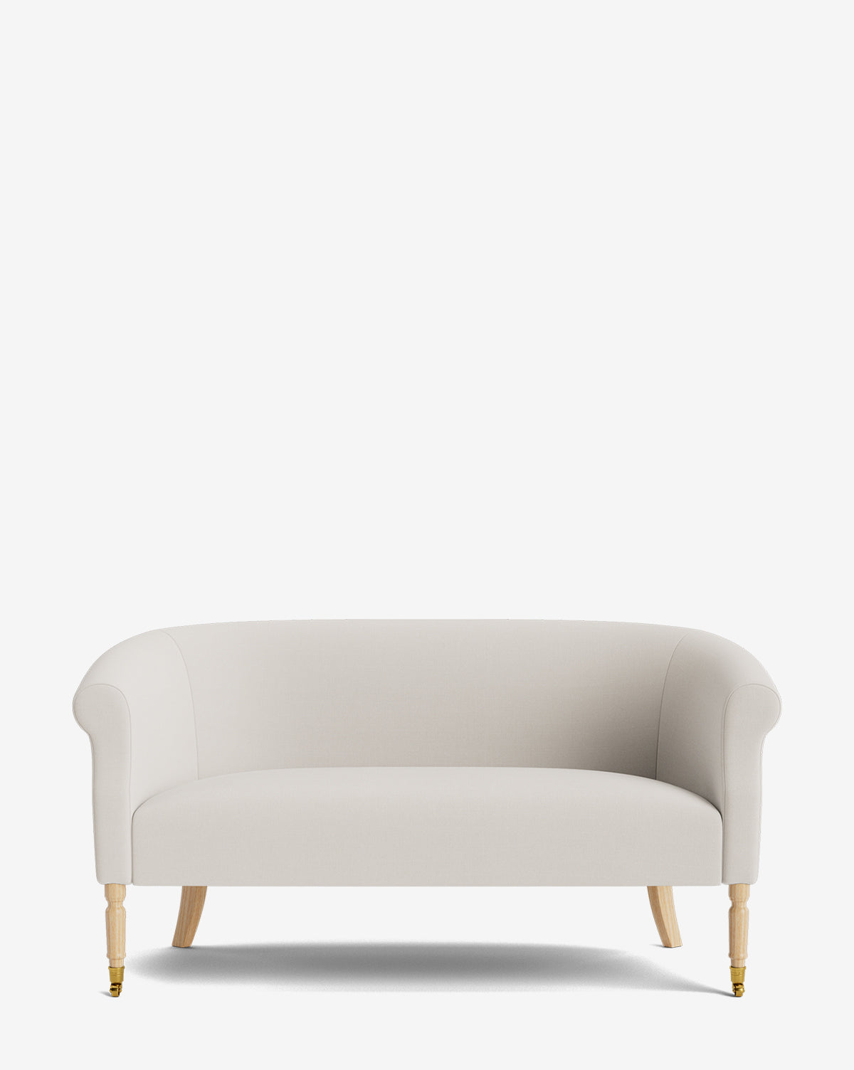 The Clemence Settee 60 by Makerspalm features modern, light beige designer fabric upholstery, gently curved arms, and light wooden legs—an elegant addition to any living space. Shown against a plain white background. McGee & Co.