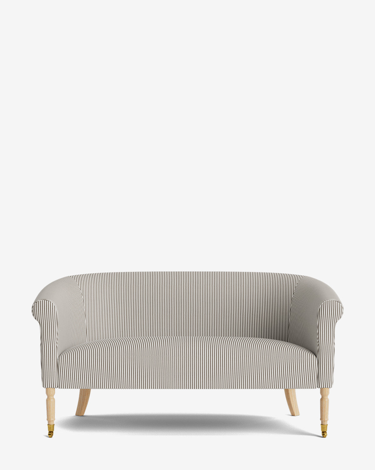 The Clemence Settee 60 features gray and white designer striped upholstery, curved arms, and four wooden legs, bringing timeless elegance to any living space, by McGee & Co. Shown on a plain white background.
