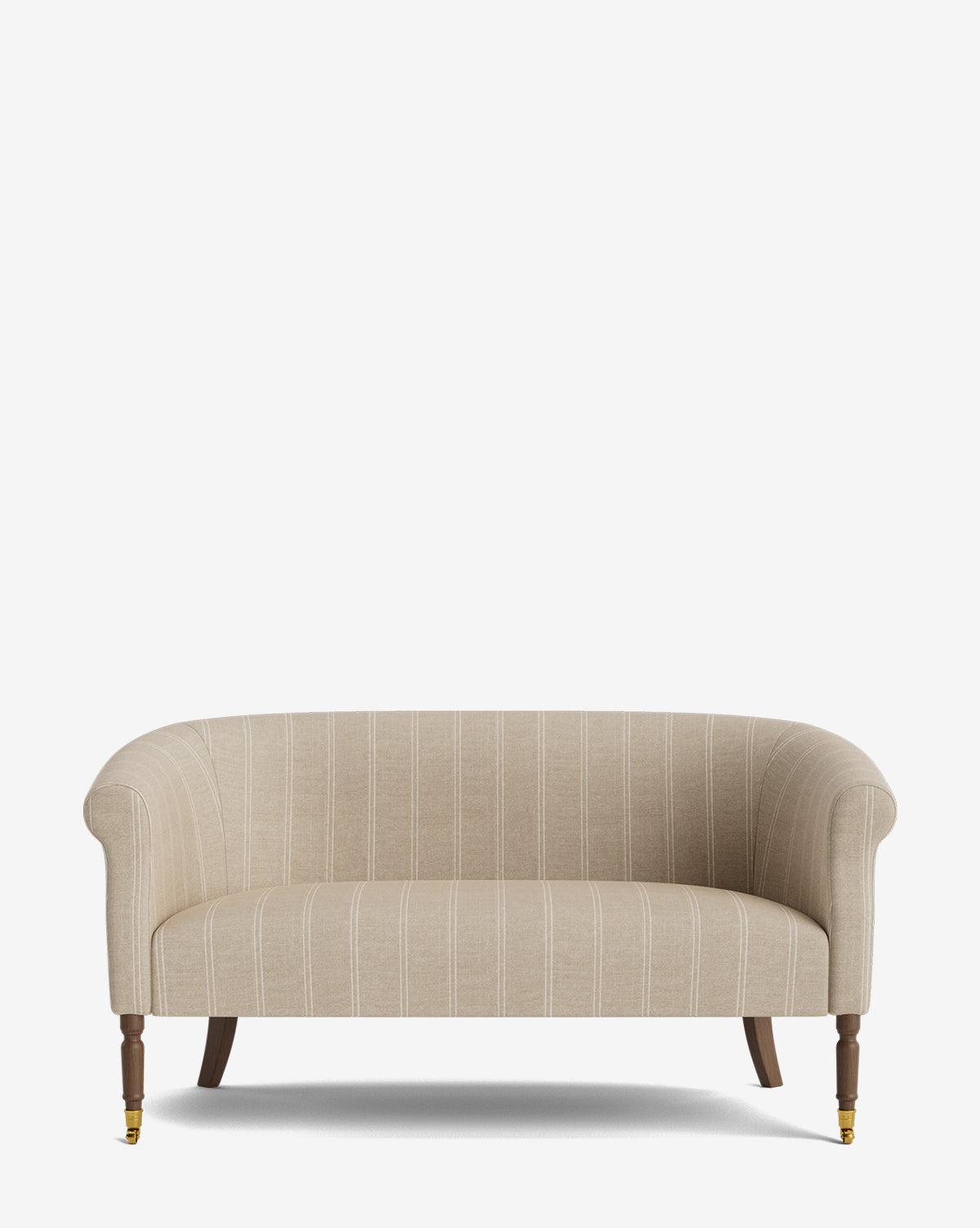 The Clemence Settee 60 features beige designer fabric with subtle vertical stripes, curved arms, and wooden legs—two with brass caster wheels, by McGee & Co.