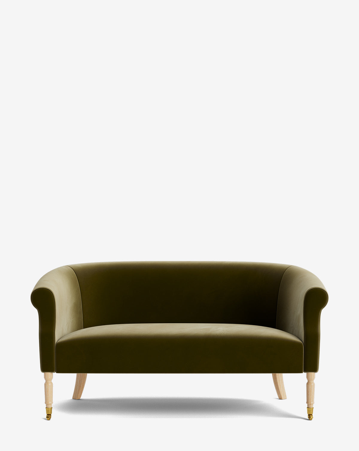 The Makerspalm Clemence Settee 60 features olive green designer fabric, curved arms, wooden legs, and a low backrest, shown against a plain white background. McGee & Co.