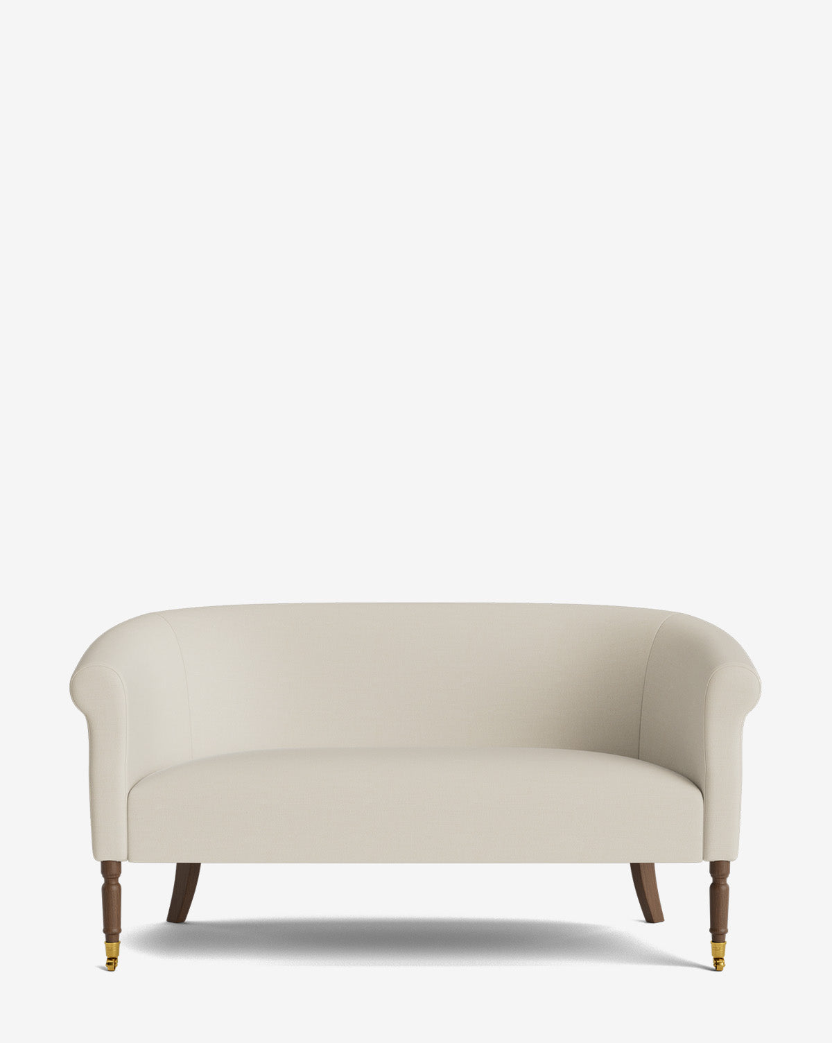 The Makerspalm Clemence Settee 60 features cream designer fabric, curved arms, dark wood legs, and brass front casters—an elegant addition to any living space against a white background. McGee & Co.