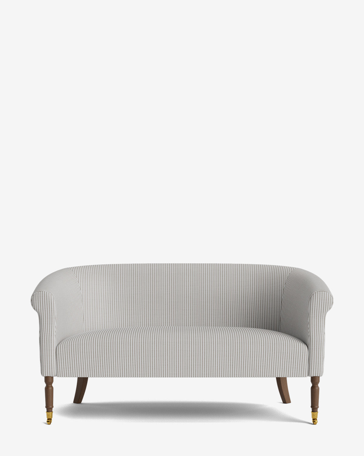 The Makerspalm Clemence Settee 60 features light gray striped designer fabric, rolled arms, wooden legs with brass-capped front wheels, and is set against a plain white background—ideal for enhancing any living space. McGee & Co.