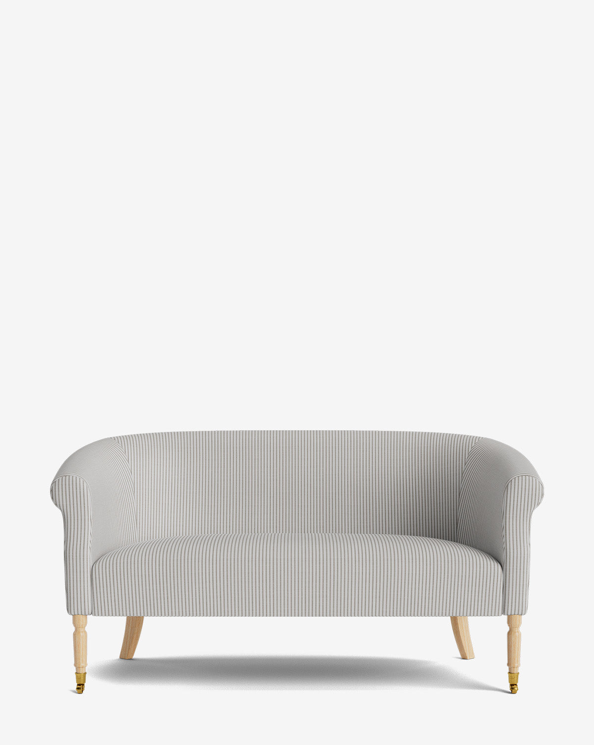The Makerspalm Clemence Settee 60 features light gray striped upholstery, curved arms, and wooden legs—front legs capped in brass and back legs unadorned—all set against a plain white background, perfect for elevating any living space. McGee & Co.