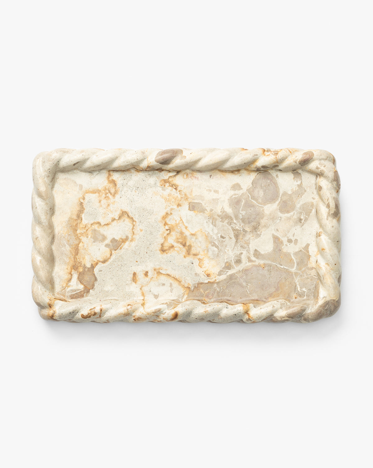 The Cleves Marble Tray features a rectangular shape with a twisted rope border and natural beige and light brown veining, making it ideal as a decorative tray or vanity organizer, shown on a plain white background, by McGee & Co.