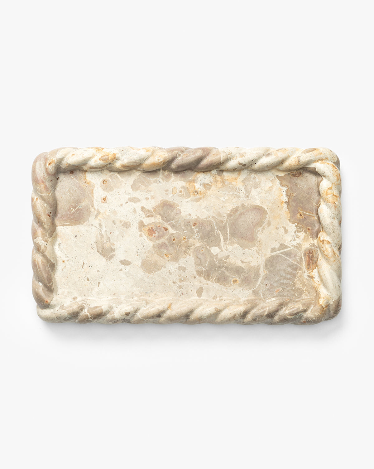 The Cleves Marble Tray features a rectangular shape with a textured, twisted rope-like border and a mottled beige and light brown surface—perfect as a vanity organizer or elegant display accent, by McGee & Co.