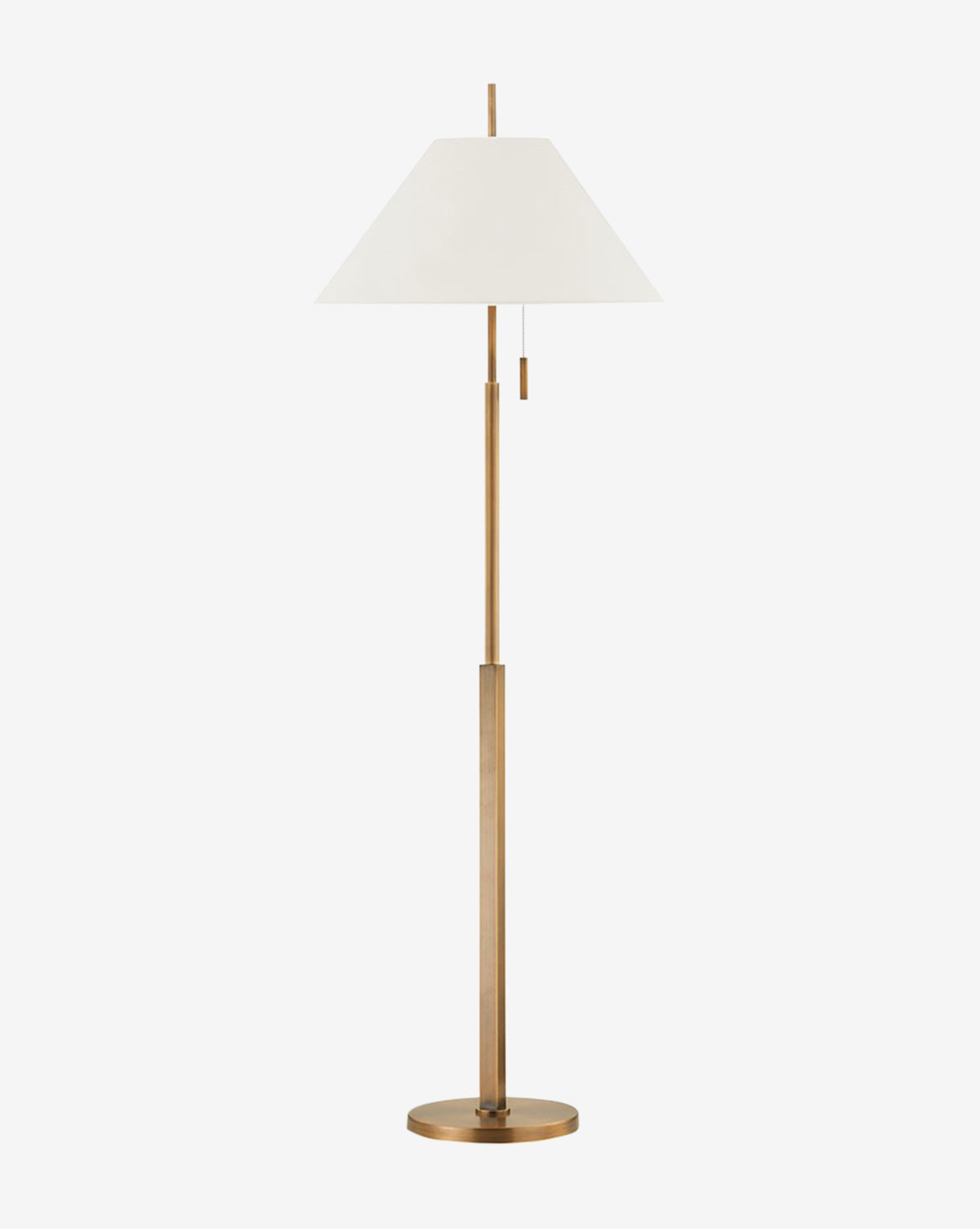 The Clic Floor Lamp by Troy Lighting features a slim brass-finished metal stand, a round base, white linen shade, and a pull chain just below the shade for easy use—McGee & Co.