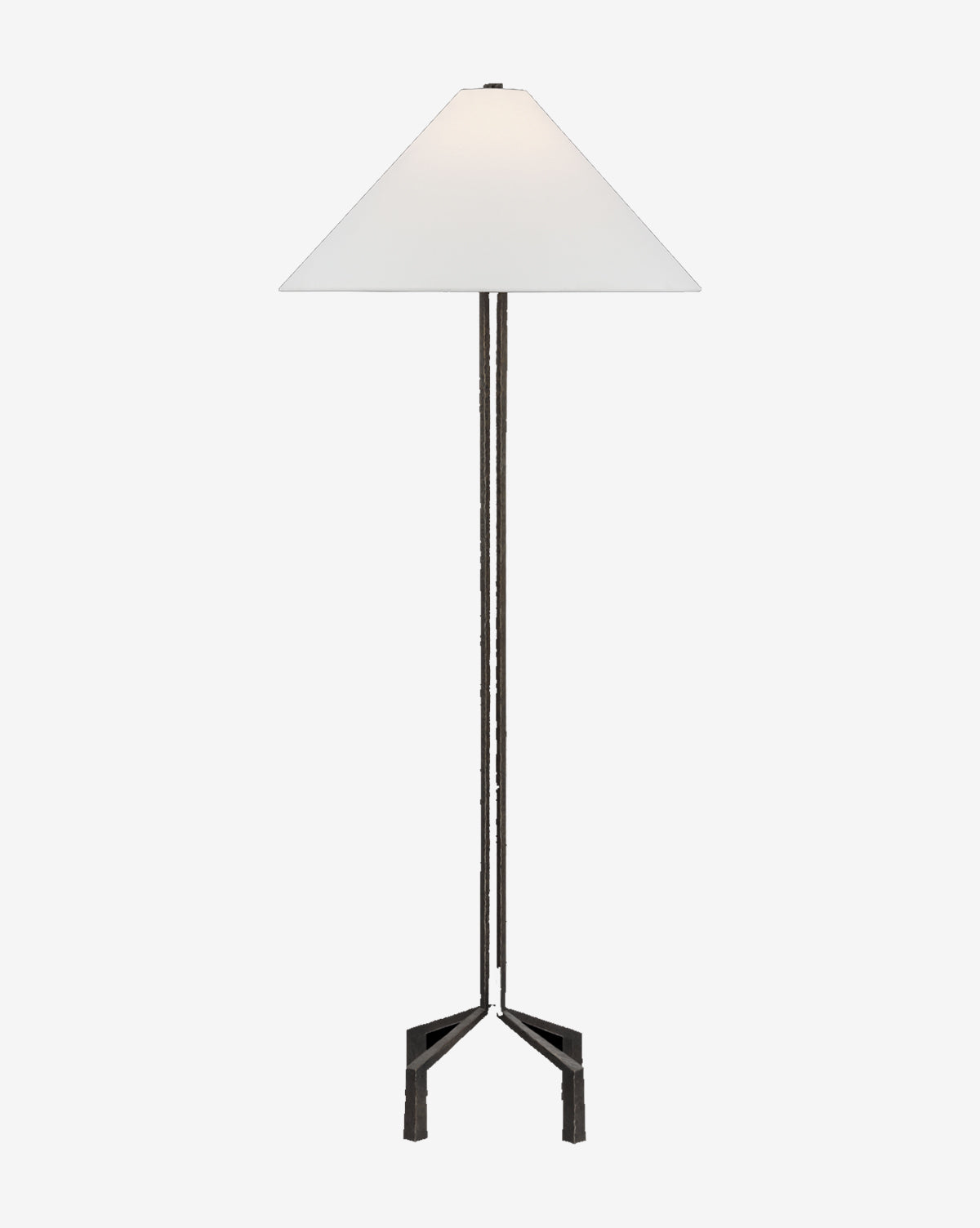 The Clifford Large Forged Floor Lamp by Visual Comfort & Co. Signature features a slim dark metal stand, three-legged base, and large white conical shade, shown against a plain white background. McGee & Co.
