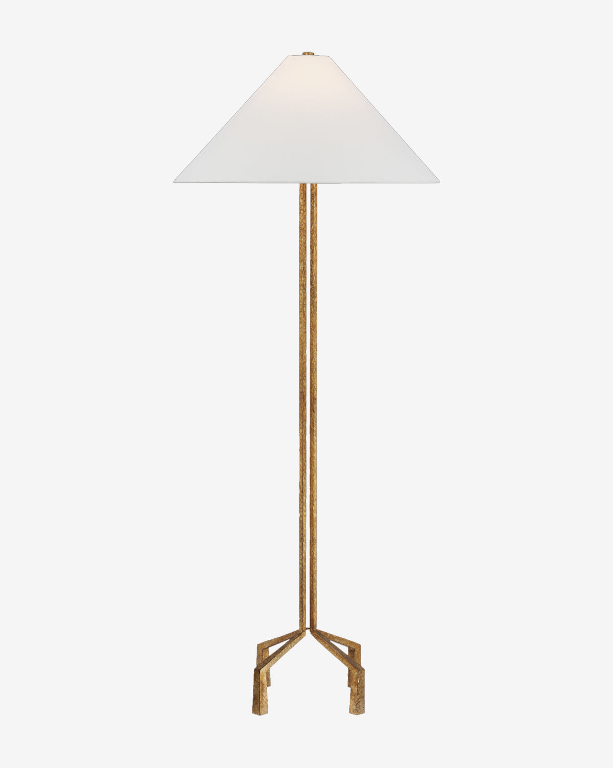 The Clifford Large Forged Floor Lamp features a tall, classic design with a slender gold base and three angled legs for support, topped with a wide white linen shade, by McGee & Co.