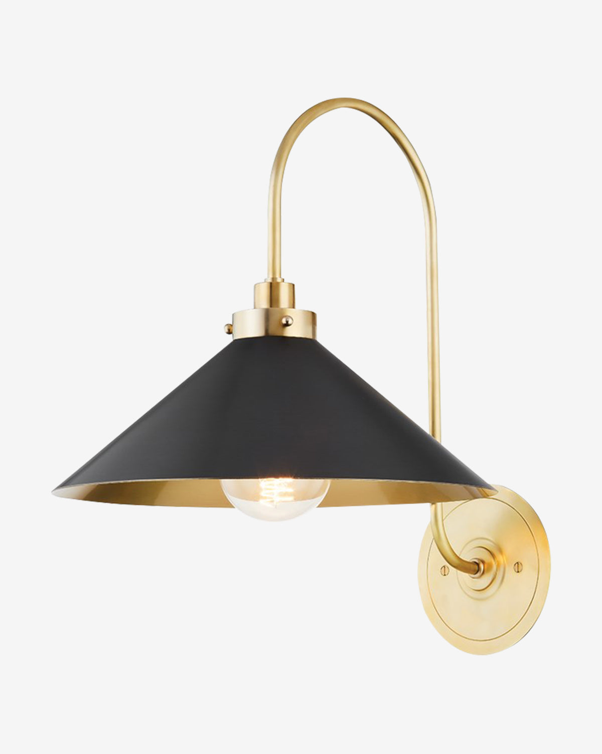 The Clivedon Sconce by Hudson Valley Lighting features a black and gold steel shade, exposed bulb, and brass-finished curved arm—a stylish modern wall sconce perfect for contemporary home lighting. McGee & Co.