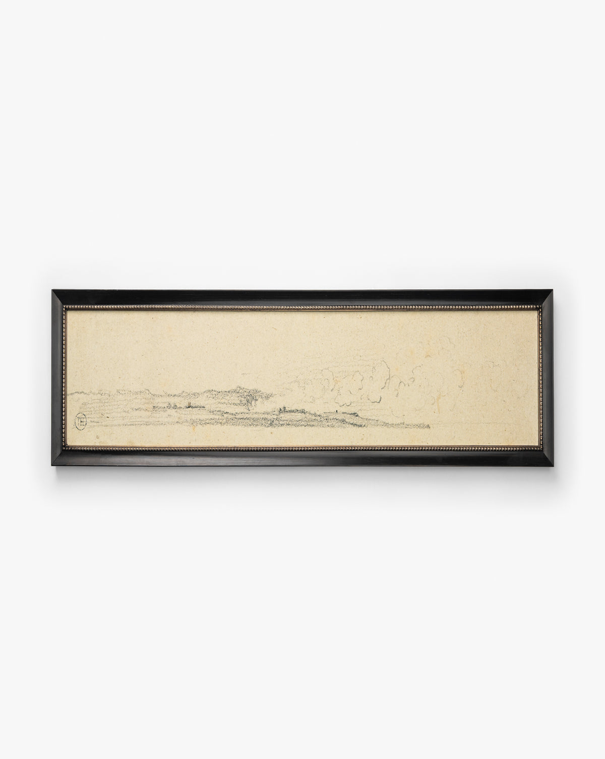 Clouded Island is a horizontal, rectangular landscape sketch giclée on paper, featuring minimalistic lines and subtle shading on a light background. It comes in a black frame with a thin, decorative inner edge for added elegance, by McGee & Co.