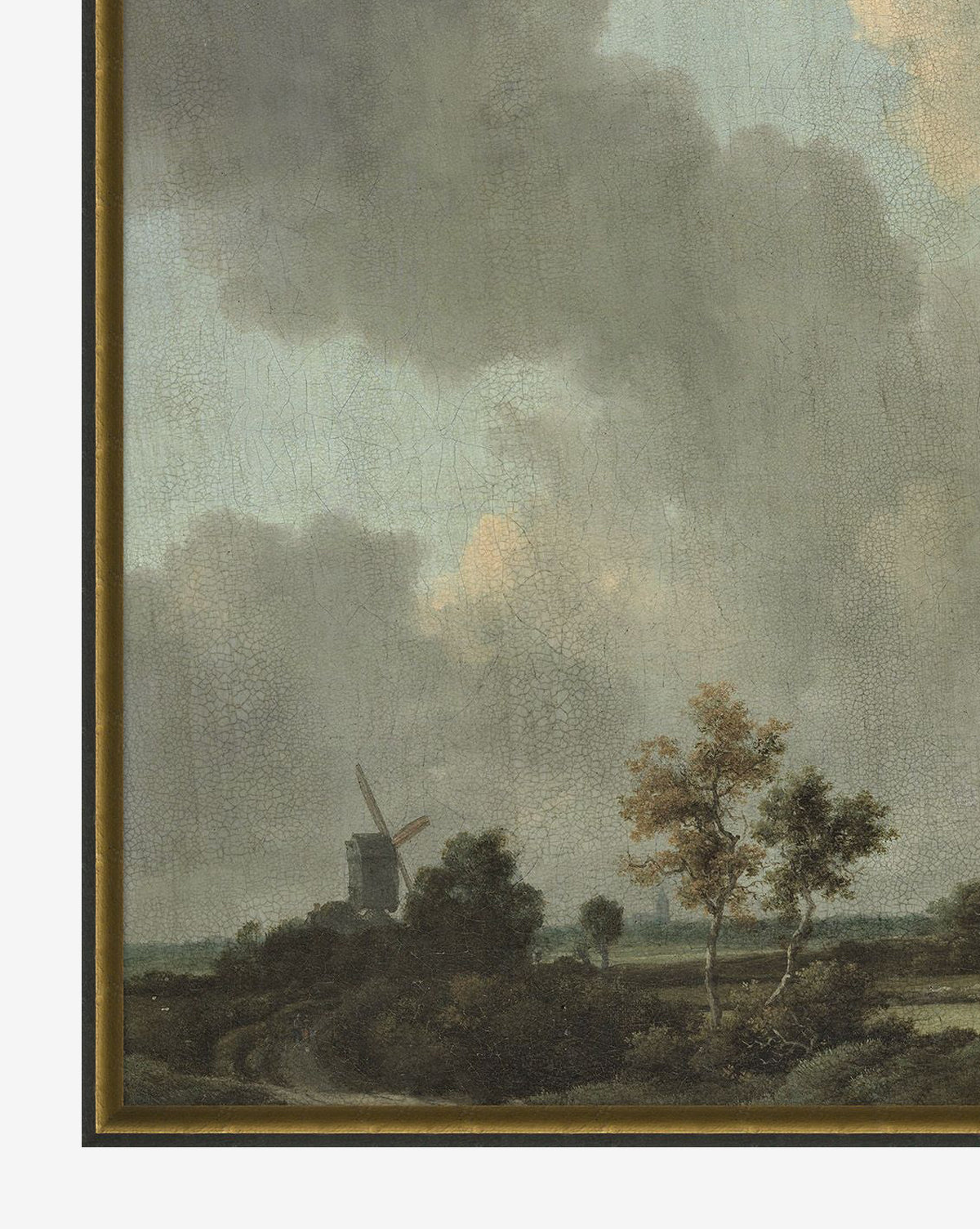 Clouds Above a Field depicts a cloudy sky over a rural landscape with trees, a winding path, and a distant windmill. Muted greens and grays create a serene look, making it ideal vintage-style wall art for pastoral scene enthusiasts.