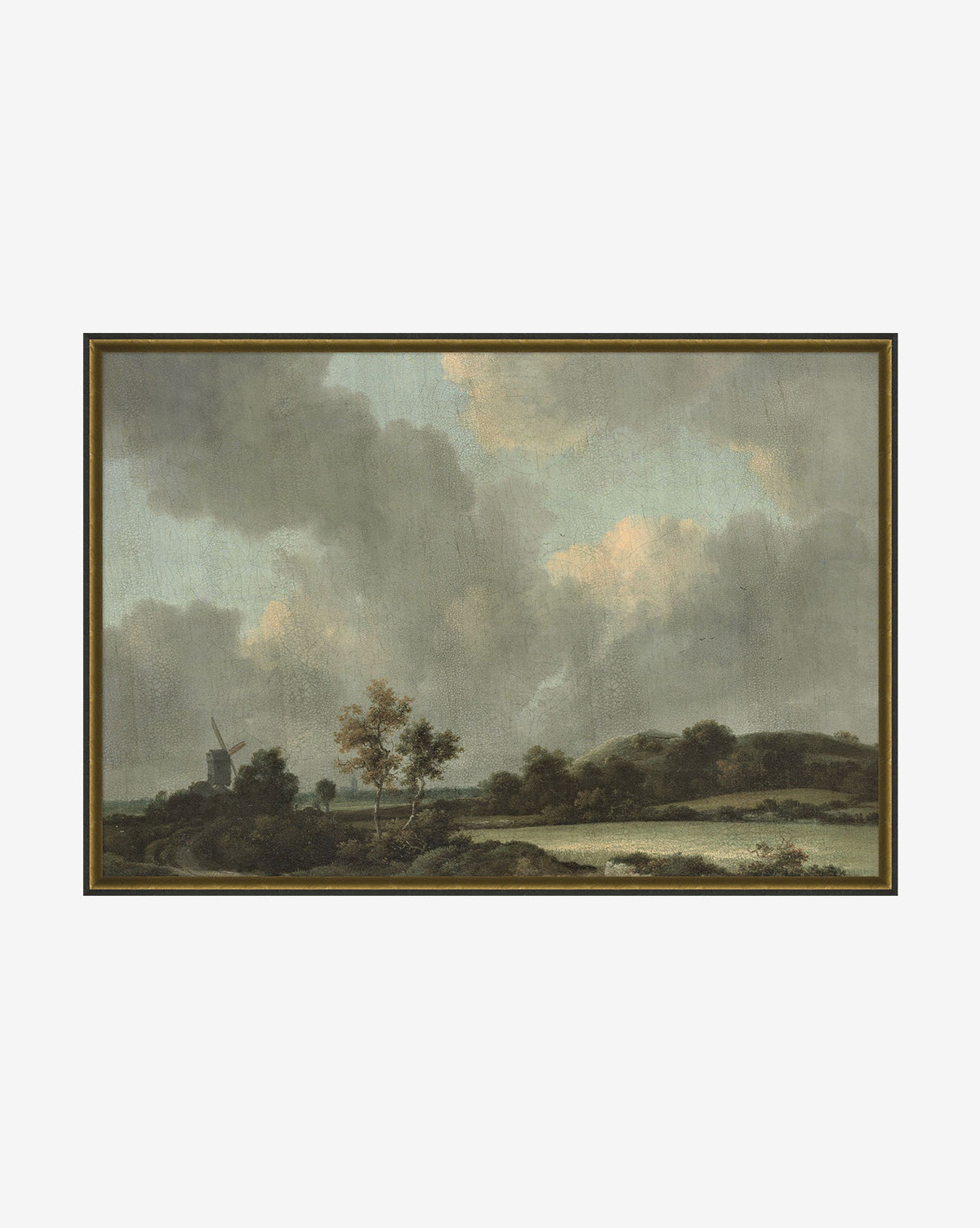 Clouds Above a Field is a framed canvas landscape showing a cloudy sky over green hills, dotted with trees and featuring a distant windmill on the left.