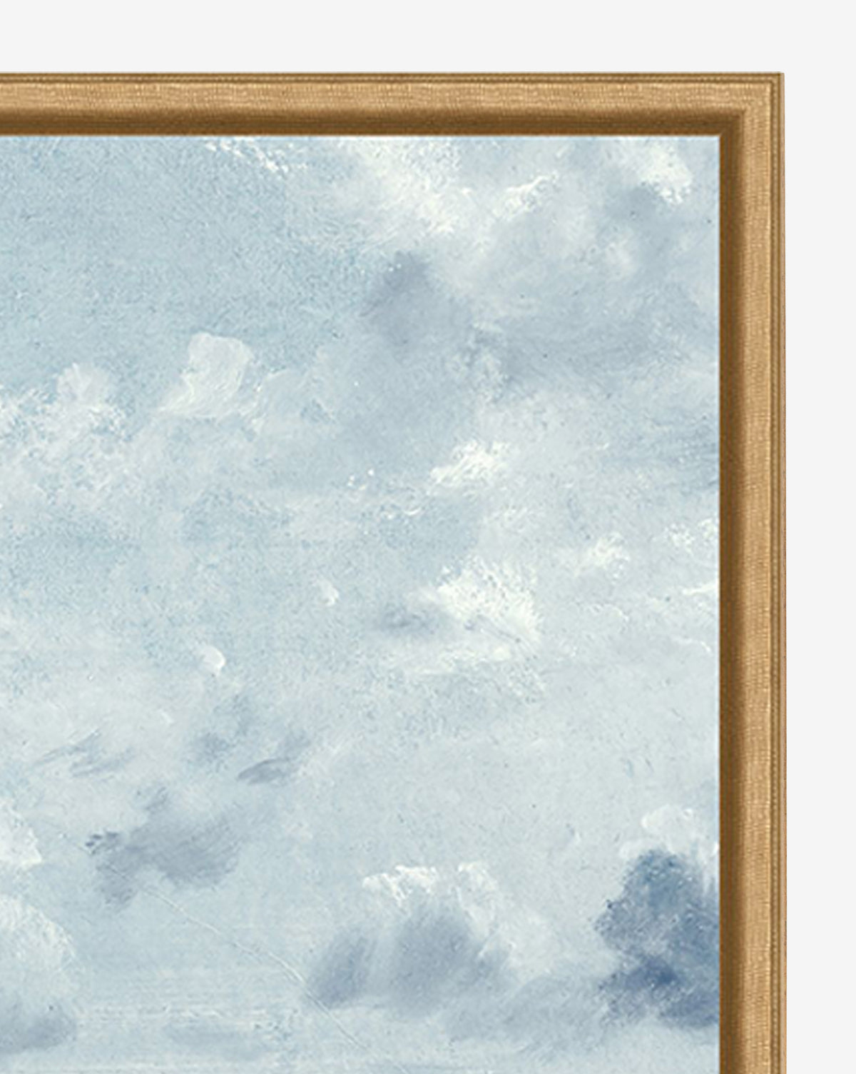 A close-up of Cloudy Dreams, a framed giclee print on canvas showing a cloudy blue sky. The artist-enhanced texture and simple wooden frame emphasize the artwork’s serene beauty.