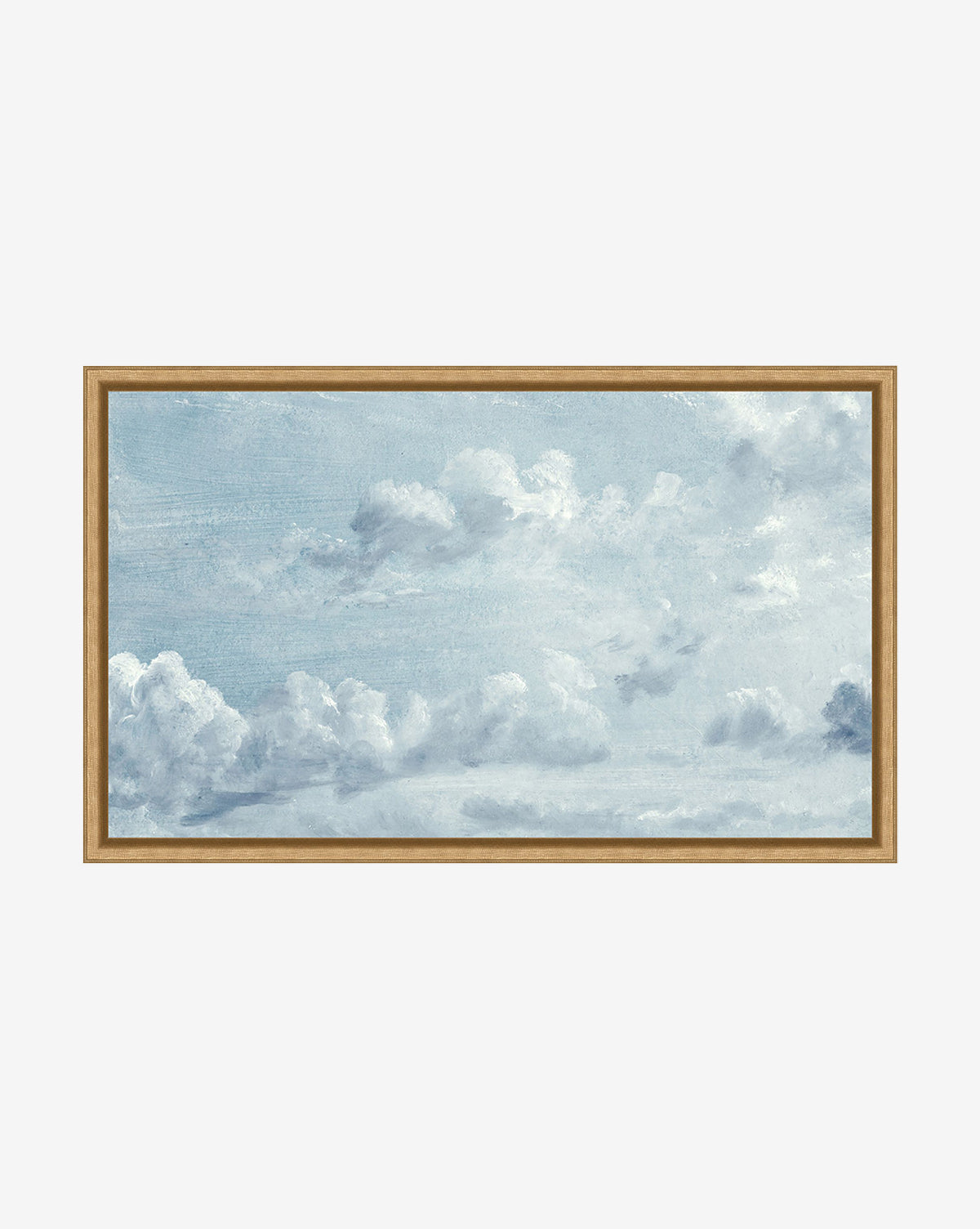The Cloudy Dreams giclee canvas print features a bright blue sky with scattered white clouds, set against a plain white background, and comes framed for stunning display.