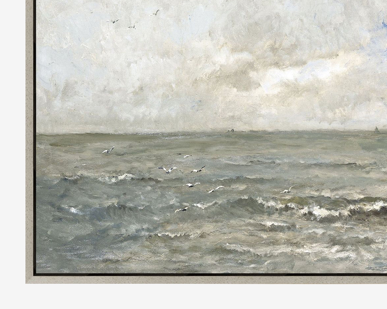 Cloudy Gray Waters is a moody seascape painting featuring cloudy gray waves and soaring seagulls on a faint horizon, rendered in muted tones and beautifully presented in a wood floater frame, by McGee & Co.