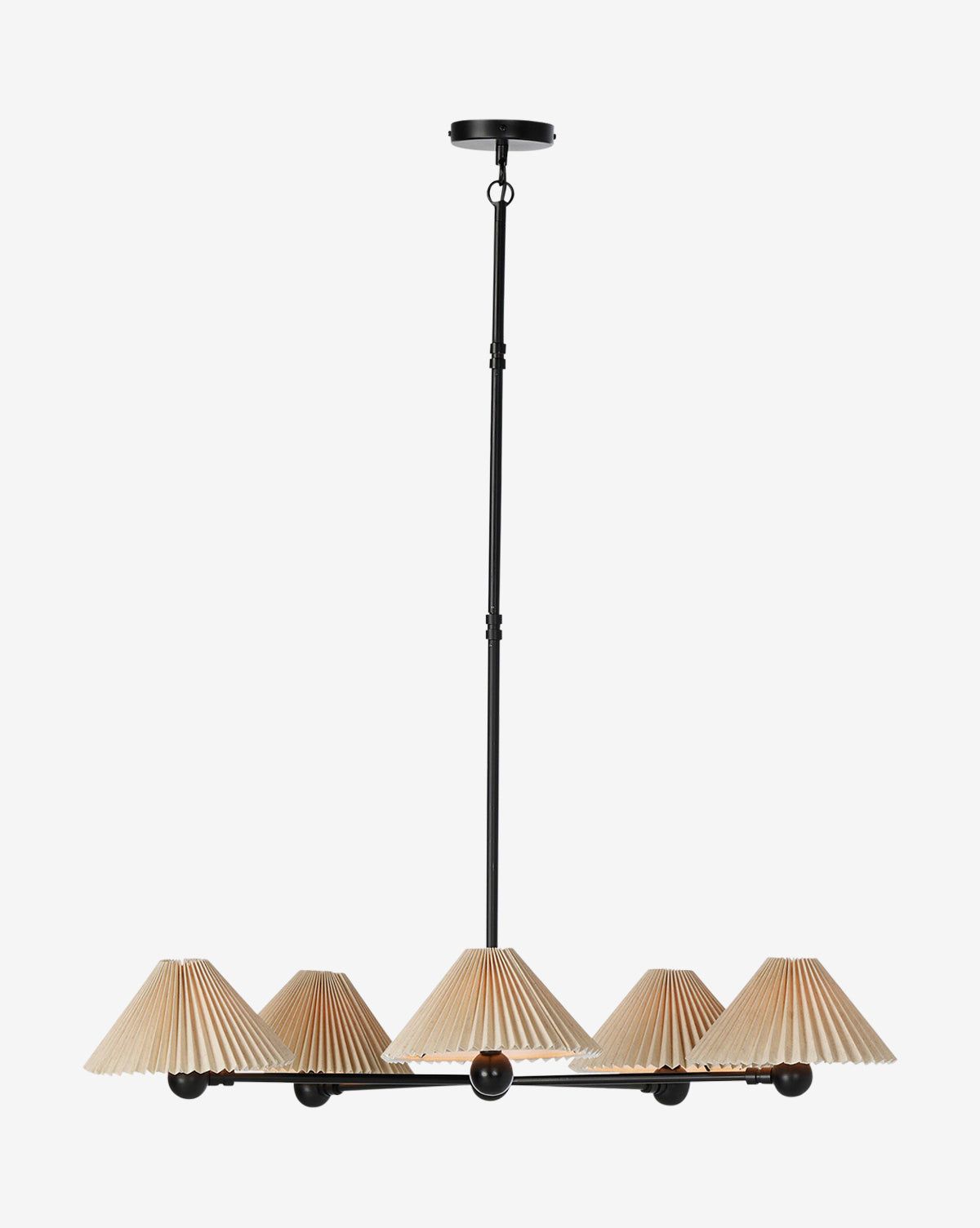 The Four Hands Clyde Chandelier features a black metal frame with five beige accordion-pleated shades, evenly arranged along a horizontal bar and suspended from the ceiling by a vertical rod, blending classic style with modern elegance—McGee & Co.