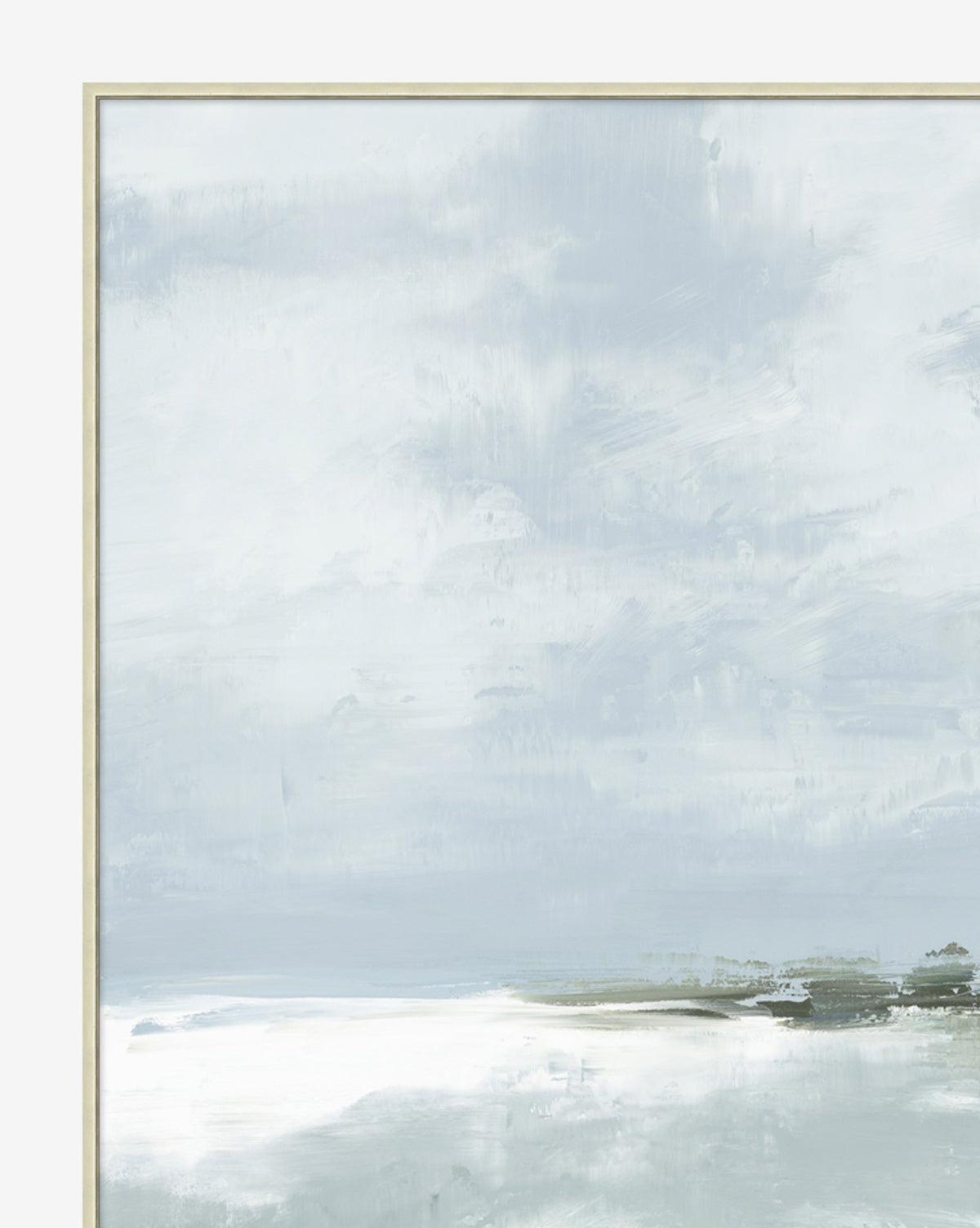 Coastal Rain is a minimalist painting featuring a serene seascape in soft blue and white tones. Cloudy skies drift over calm water and a distant shoreline, evoking the tranquil ambiance of the Pacific Northwest—perfect for calming decor.