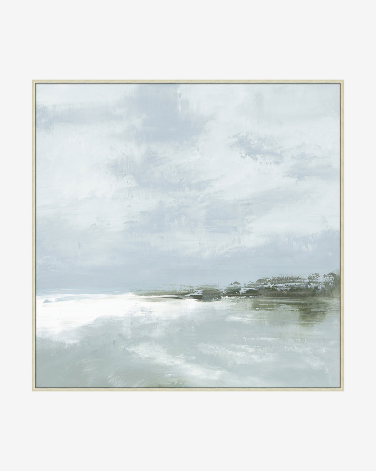 Coastal Rain is a soft, abstract painting of a peaceful landscape with water and distant shorelines under cloudy skies. Muted blue, gray, and white tones evoke the calming ambiance of the Pacific Northwest.