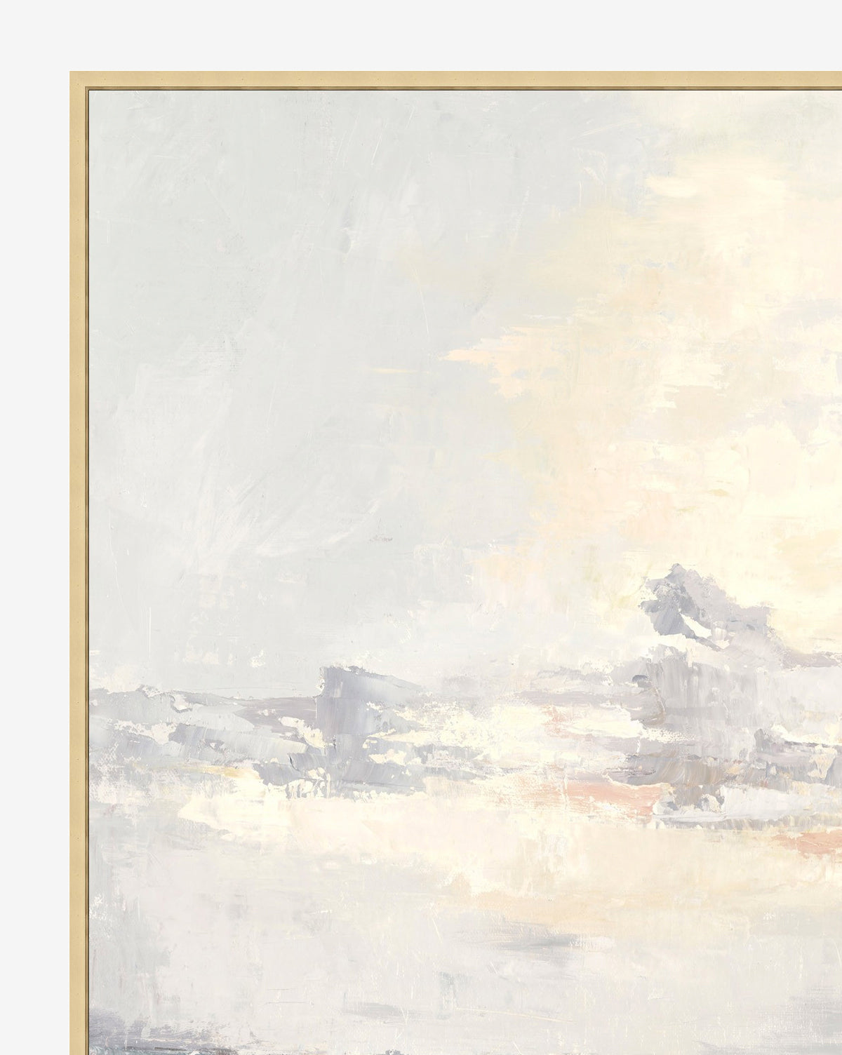 Coastal Sunset is an abstract painting in soft white, gray, and pale yellow tones, framed with a thin light wood frame. This wall art evokes serenity, making it the perfect piece for tranquil spaces.