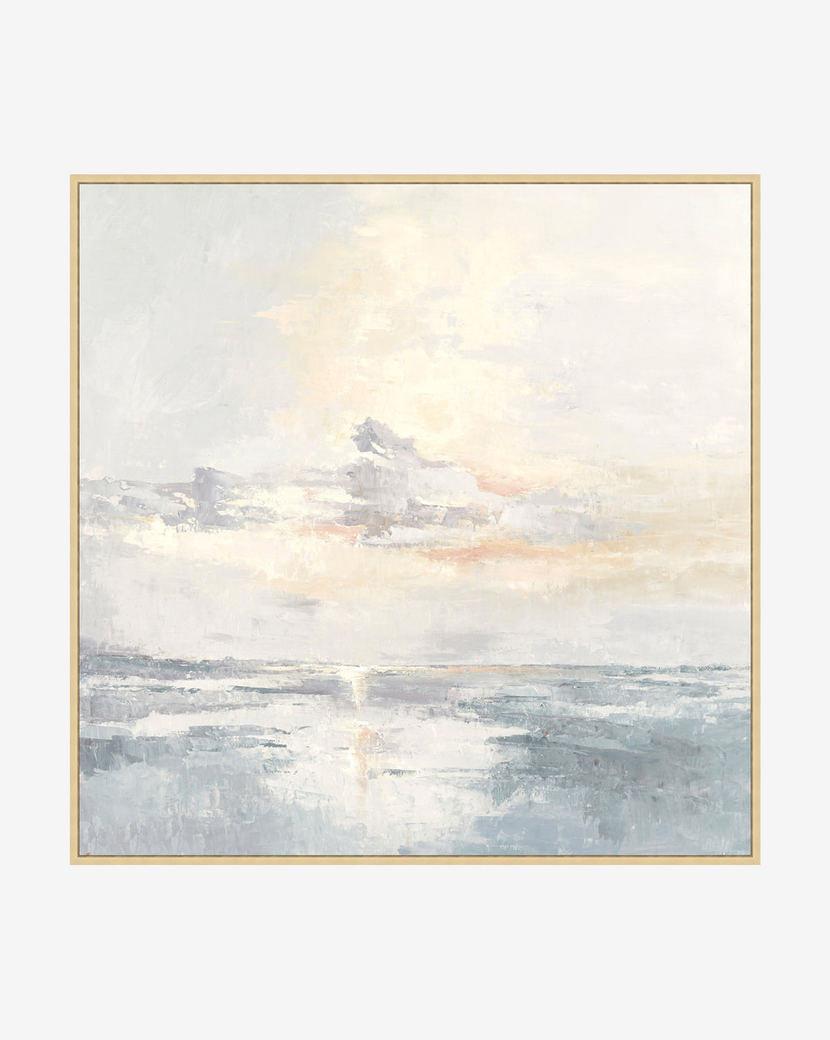 Coastal Sunset is impressionistic wall art depicting a tranquil seascape at sunset with soft pastel tones—pale sky, light clouds, and sunlit water—all framed in a thin, light-colored frame.