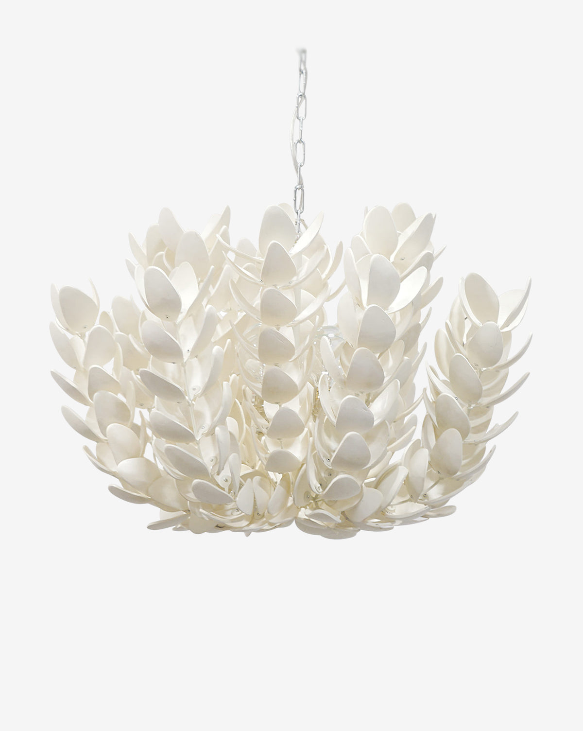 The Coco Magnolia Hanging Pendant by Palecek features layered white petal-shaped elements on a silver chain, creating elegant ambient lighting—ideal as a statement piece against any plain white background by McGee & Co.