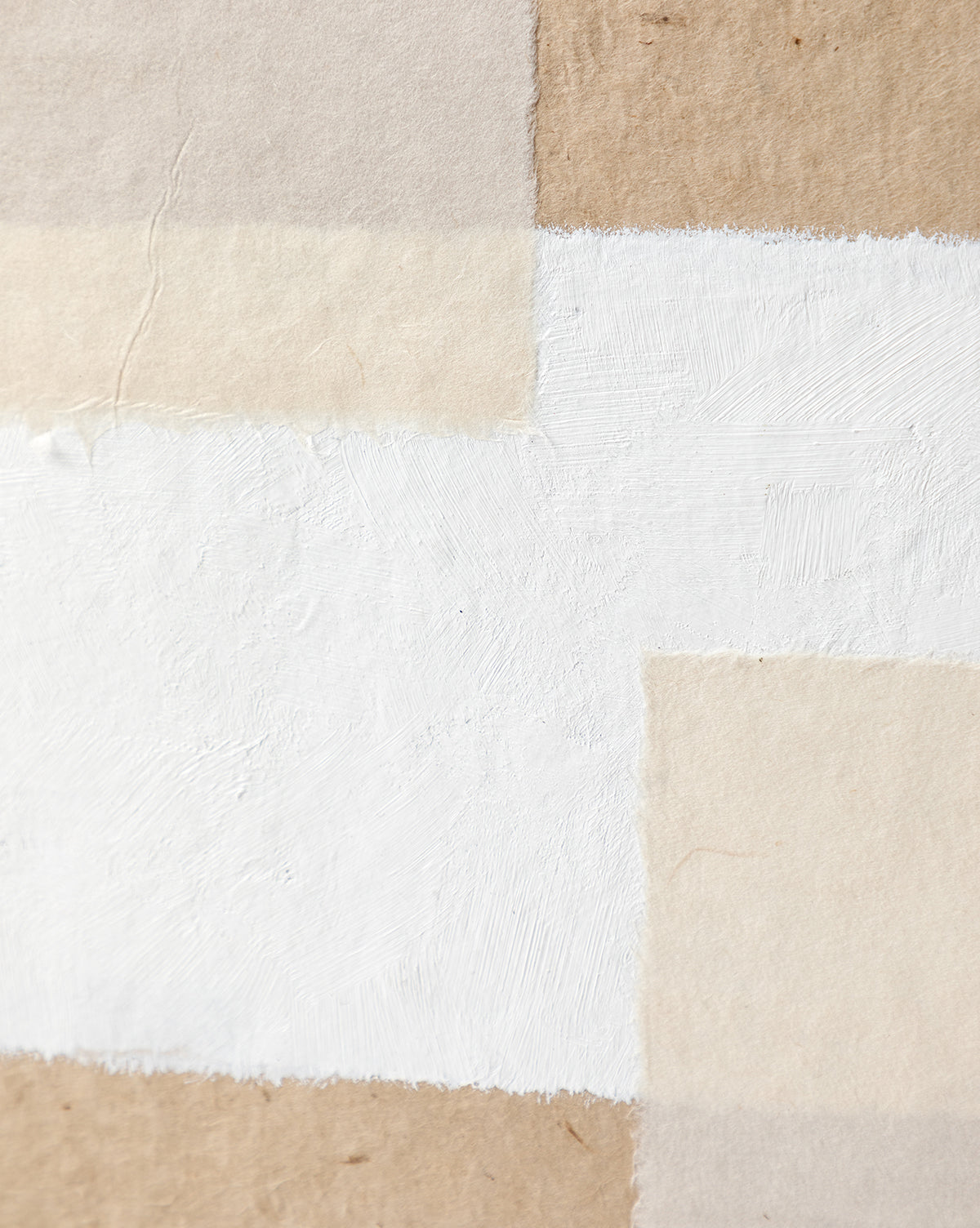 Collage 1 features overlapping textured paper squares in beige, cream, and light brown, with a central white painted strip creating geometric shapes and a layered look—ideal as handmade paper art or neutral wall decor.