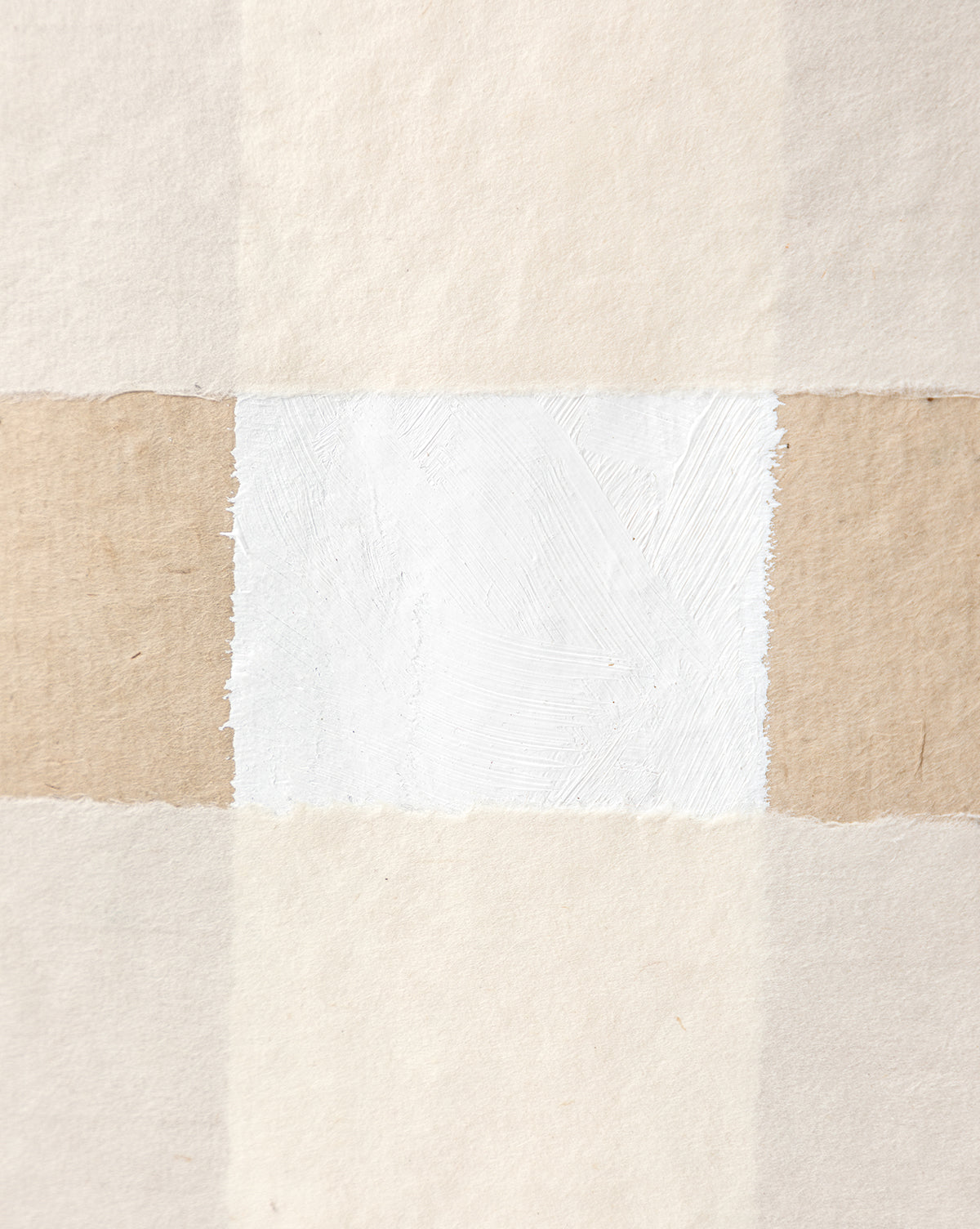 Collage 2 is a minimalist abstract artwork with soft beige and cream vertical stripes, a central tan stripe, and a textured white block, ideal as neutral wall decor. Presented in a sleek maple wood frame.