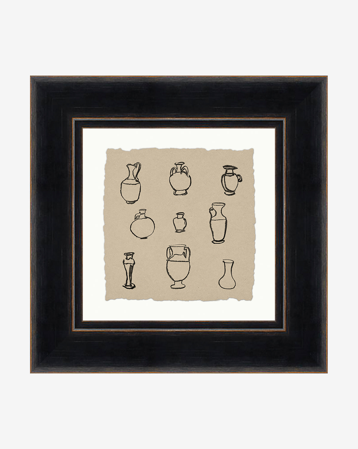 Collection of Vases is a framed giclee print featuring nine hand-drawn black line illustrations of vases and pitchers on a beige textured background, set in a wide, dark black wood frame.